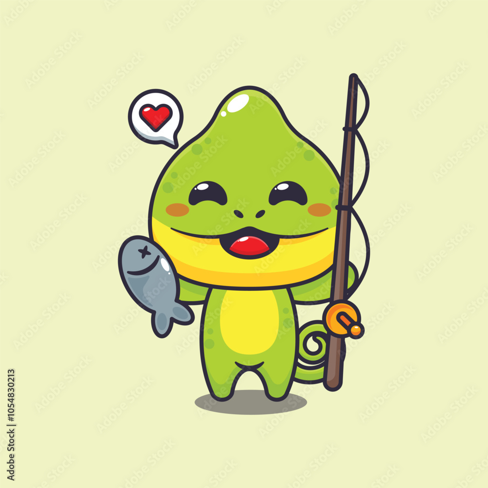 Obraz premium Chameleon catching fish with fishing rod cartoon vector illustration