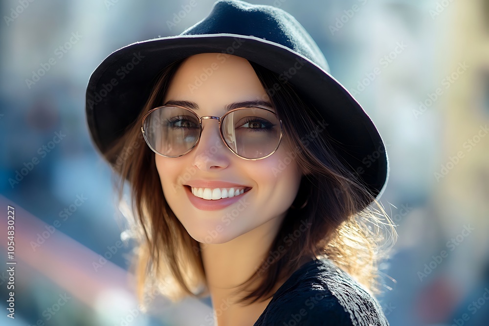 Fashion model smiling and wearing a hat and sunglasses in an urban setting Fashion model smiling and wearing a hat and sunglasses in an urban setting