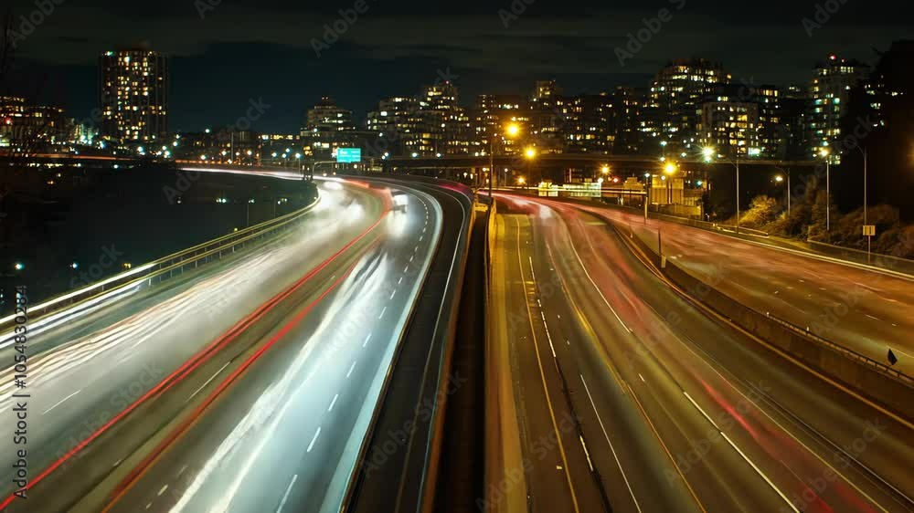 Light trails from cars travel down a highway at night, with a city skyline in the background Light trails from cars travel down a highway at night, with a city skyline in the background