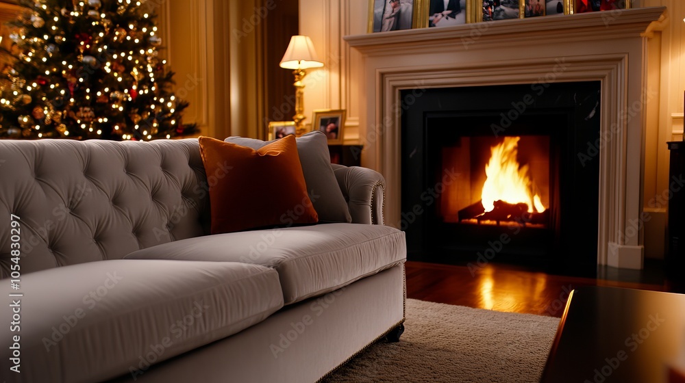 A cozy living room with a fireplace, a sofa, and a Christmas tree. A cozy living room with a fireplace, a sofa, and a Christmas tree.