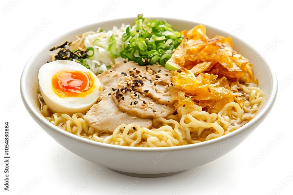 Steaming bowl of ramen featuring noodles, egg, chicken, crispy wonton skin, and fresh toppings Steaming bowl of ramen featuring noodles, egg, chicken, crispy wonton skin, and fresh toppings