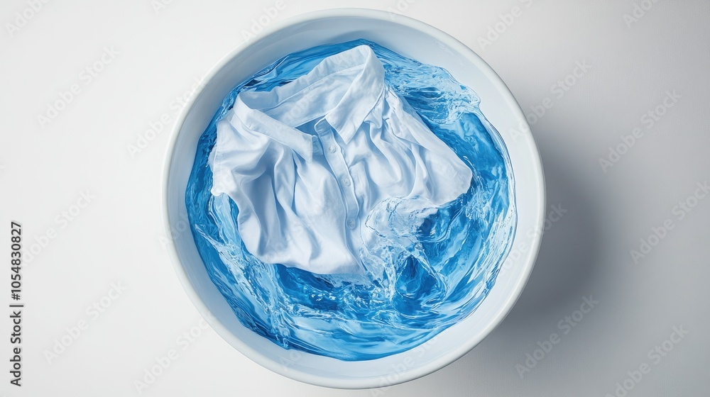 A top-down view of a white shirt being washed in a blue bath of laundry detergent, isolated on a white background with soft lighting A top-down view of a white shirt being washed in a blue bath of laundry detergent, isolated on a white background with soft lighting