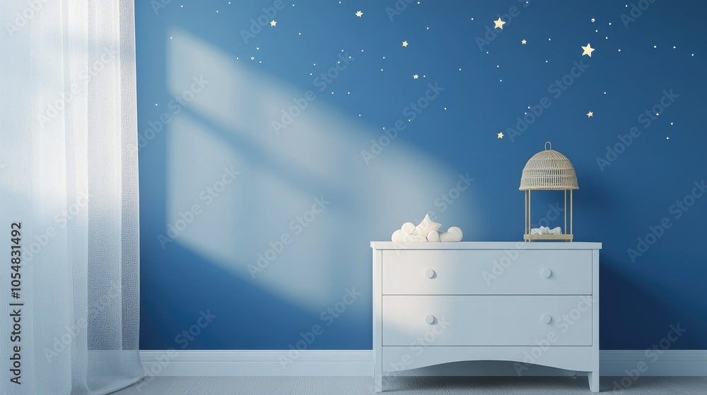 Fototapeta premium A tranquil nursery showcasing an empty white night table next to a blue starry wall, ideal for a child peaceful bedtime routine.