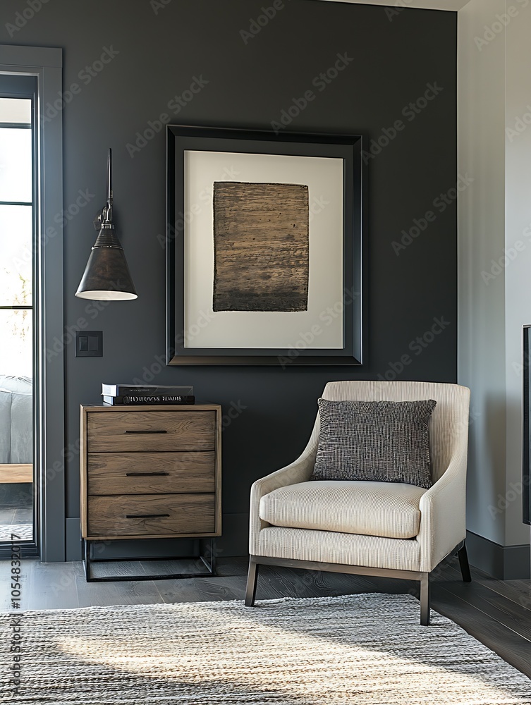 Modern Accent Chair with Rustic Touches and Artistic Wall Decor in a Cozy Room : Generative AI Modern Accent Chair with Rustic Touches and Artistic Wall Decor in a Cozy Room : Generative AI