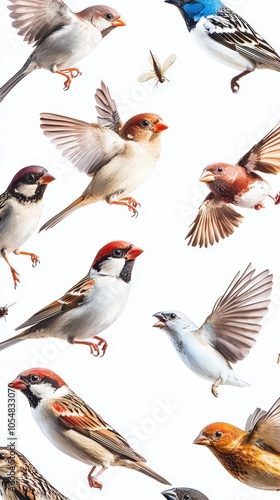 Various birds in different poses, white isolated background photo