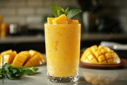 Refreshing tropical mango smoothie with fresh mango chunks and mint garnish for summer delight