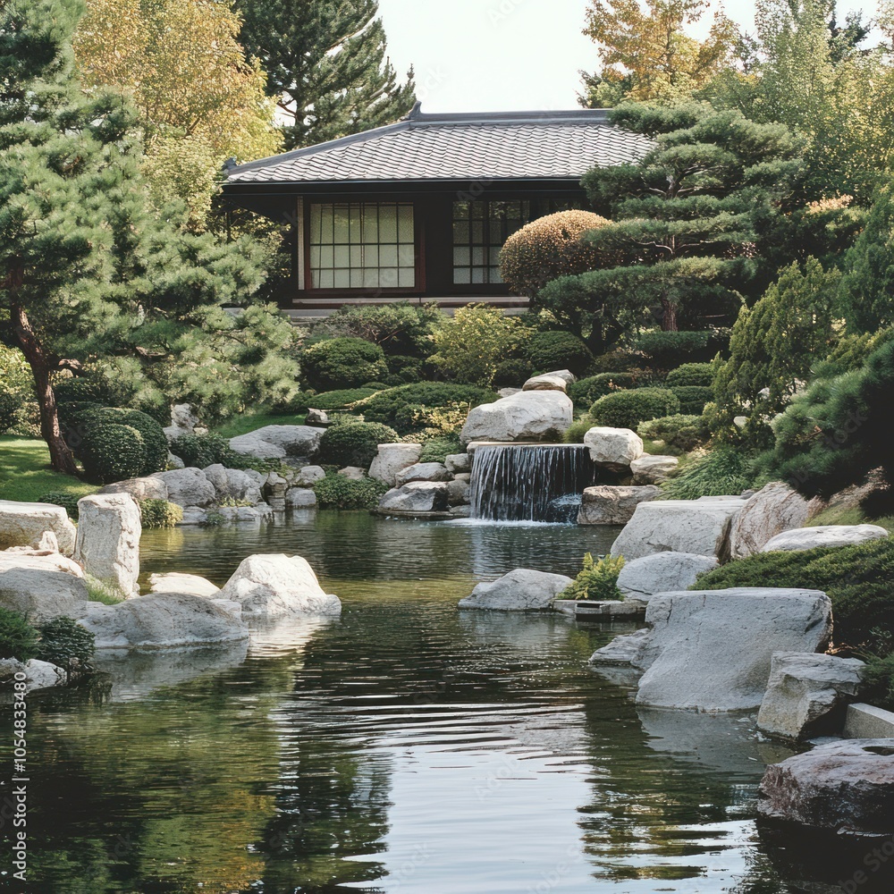 Japanese garden with tranquil water features Japanese garden with tranquil water features