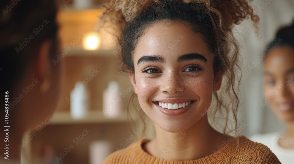 Diverse Group Discussing Gender-Neutral Skincare in a Warm, Inviting Setting Diverse Group Discussing Gender-Neutral Skincare in a Warm, Inviting Setting