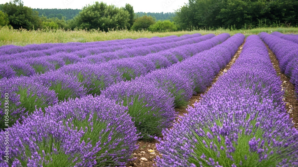 Obraz premium A vibrant field of blooming lavender, showcasing rows of purple flowers under a clear sky, perfect for relaxation and beauty.