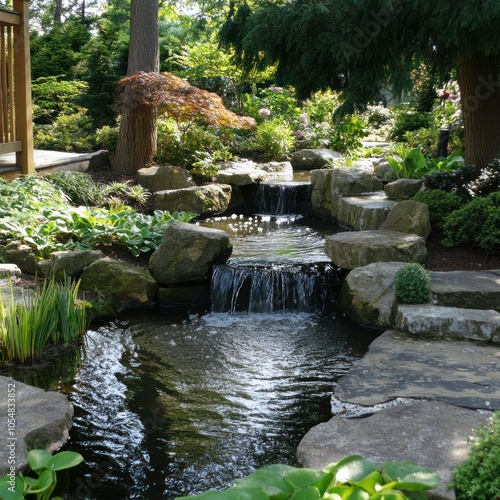 Japanese garden with tranquil water features