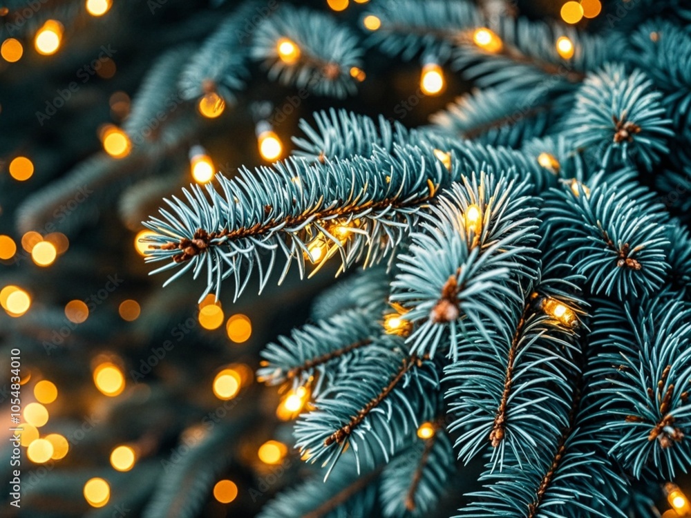 Fluffy branches of a spruce or fir-tree with christmas lights. Christmas wallpaper or postcard concept. Close-up.