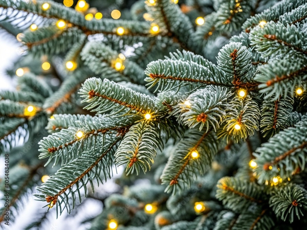 Fluffy branches of a spruce or fir-tree with christmas lights. Christmas wallpaper or postcard concept. Close-up.