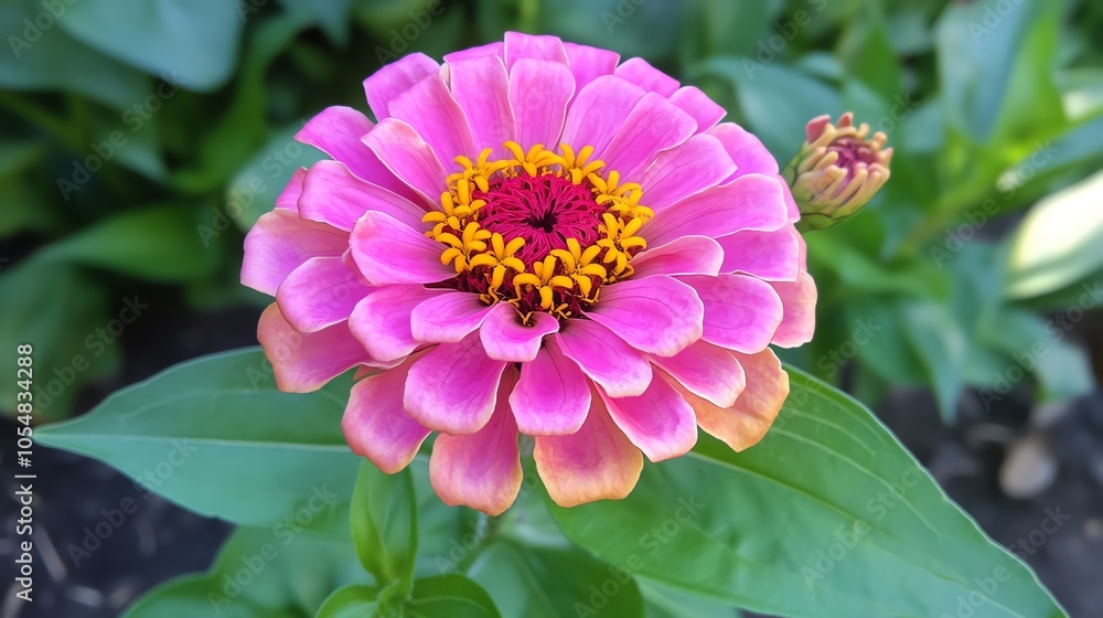 A vibrant pink zinnia flower with striking yellow center, surrounded by lush green leaves, showcasing the beauty of nature.