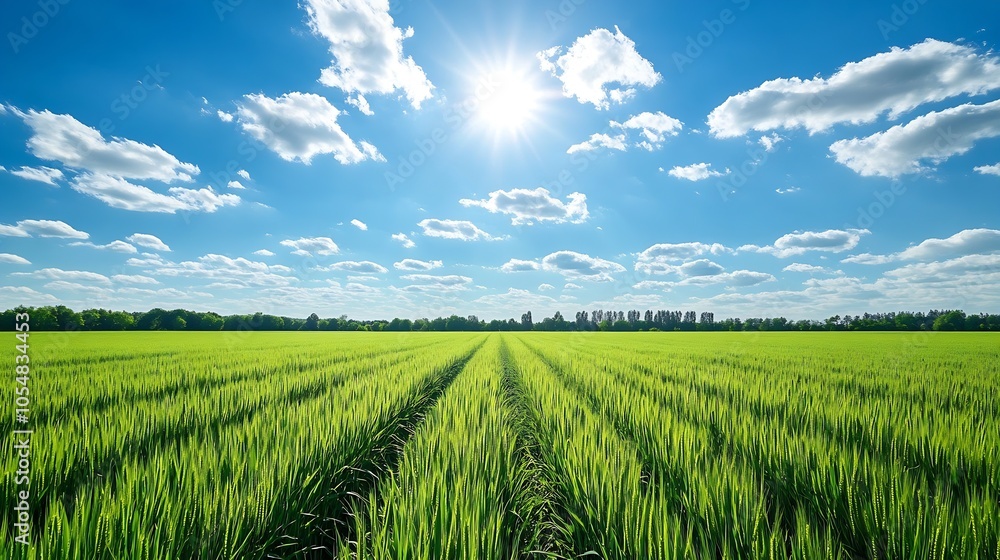 Expansive Green Field Under a Bright Blue Sky with Fluffy White Clouds and Sunlight : Generative AI Expansive Green Field Under a Bright Blue Sky with Fluffy White Clouds and Sunlight : Generative AI