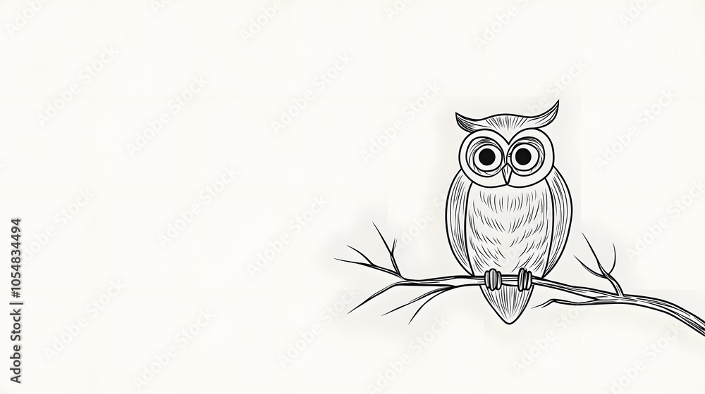 Simple line drawing of an owl perched on a branch, conveying wisdom and stillness Simple line drawing of an owl perched on a branch, conveying wisdom and stillness
