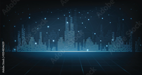  Cityscape with lines that connect with 5G technology. smart city internet network communication technology on a blue background. background, business IOT,  internet of things concept.