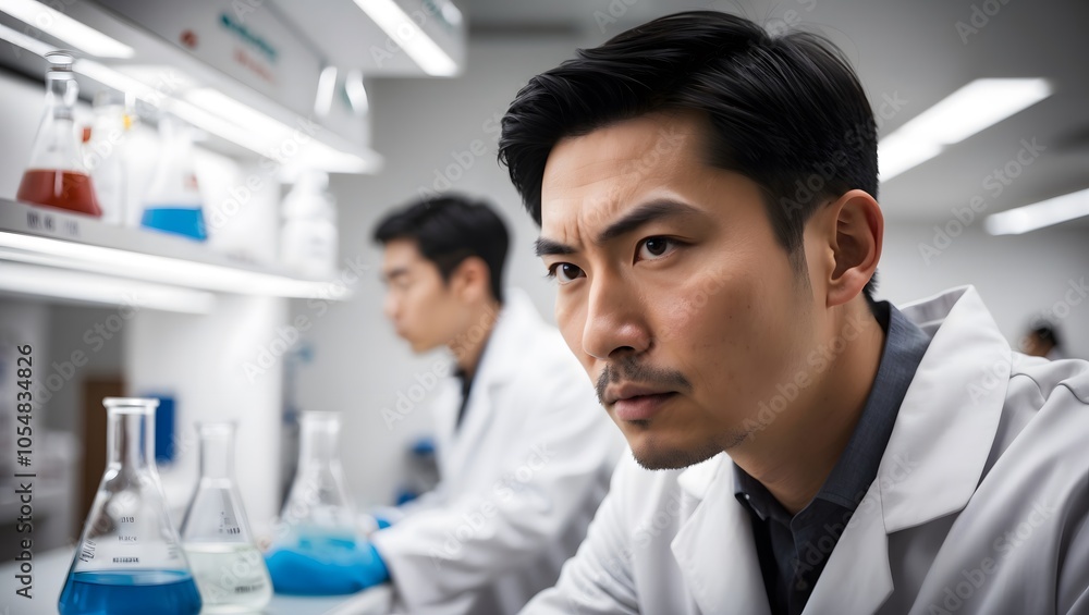 Intense Man in Lab Coat Focused on Experimentation Intense Man in Lab Coat Focused on Experimentation