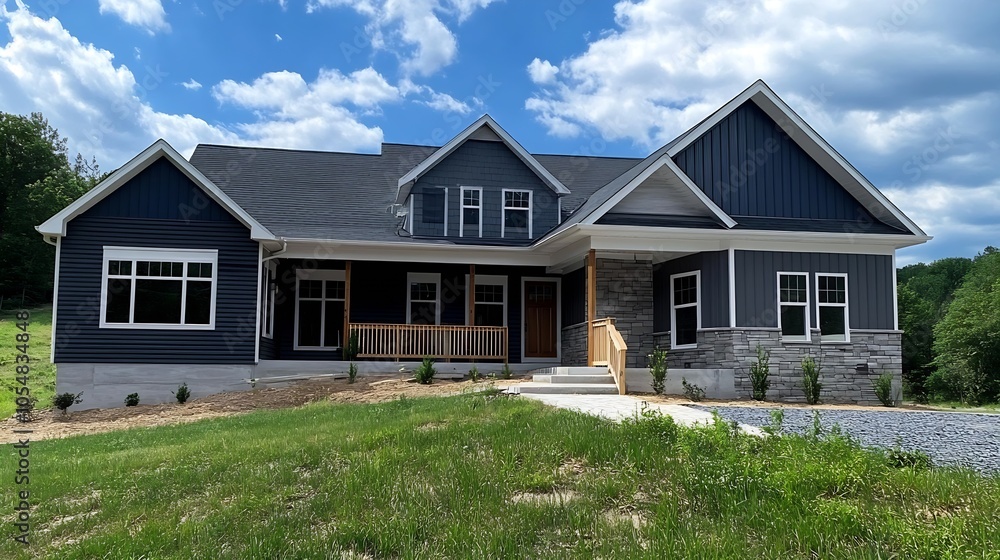Charming SingleStory House with Dark Wooden Accents and Spacious Front Yard in Tranquil Countryside : Generative AI Charming SingleStory House with Dark Wooden Accents and Spacious Front Yard in Tranquil Countryside : Generative AI
