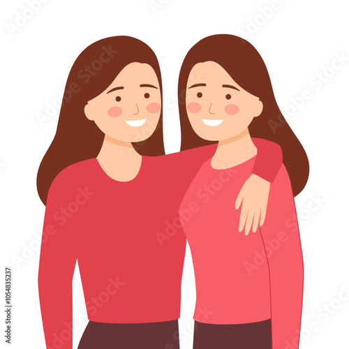 Teenage twin girls wearing the same dress in flat design on white background.
