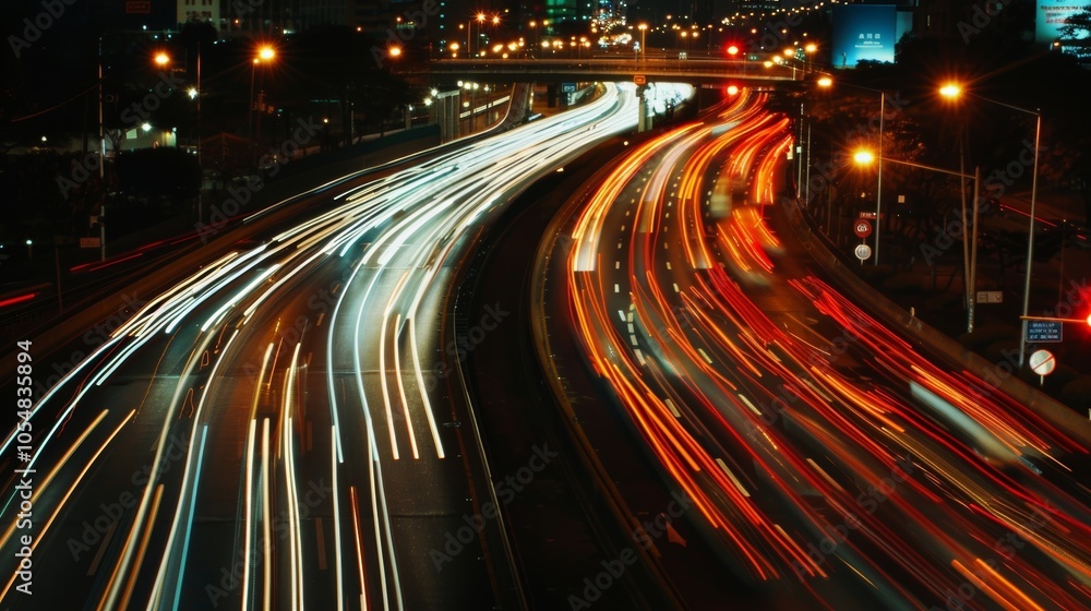 The busy city streets are alive with car light trails weaving through the base of the urban skyscrs. The busy city streets are alive with car light trails weaving through the base of the urban skyscrs.