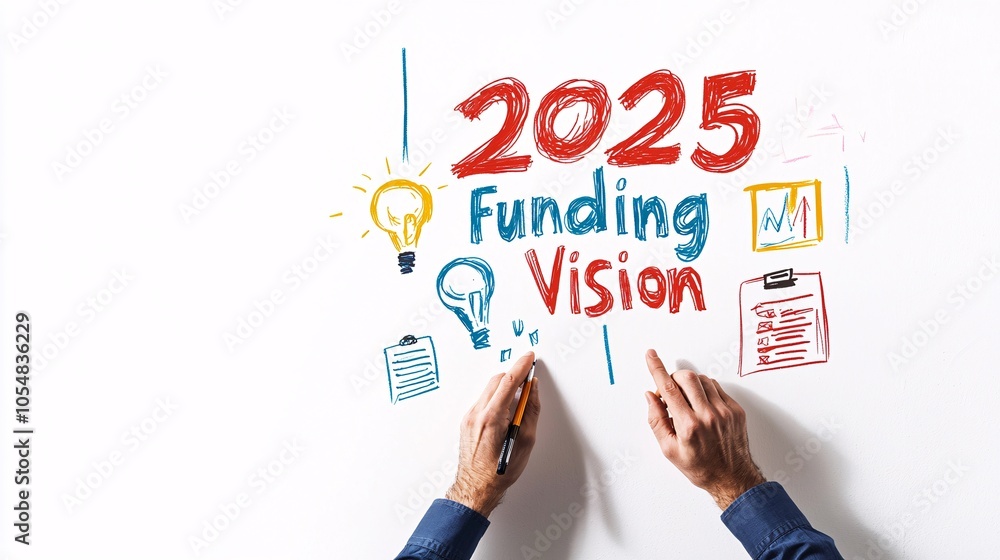 The image features hands crafting a vision statement for 2025, focusing on funding, innovations, and future plans illustrated through colorful icons. The image features hands crafting a vision statement for 2025, focusing on funding, innovations, and future plans illustrated through colorful icons.