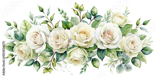 Watercolor white roses and greenery border on white background