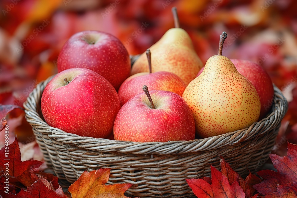 A basket of apples and pears on a table A basket of apples and pears on a table