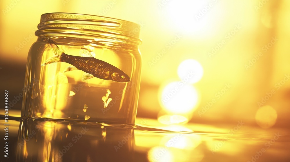 A beautifully detailed fish in a jar, with soft sunlight filtering through the water, casting mesmerizing reflections. A beautifully detailed fish in a jar, with soft sunlight filtering through the water, casting mesmerizing reflections.