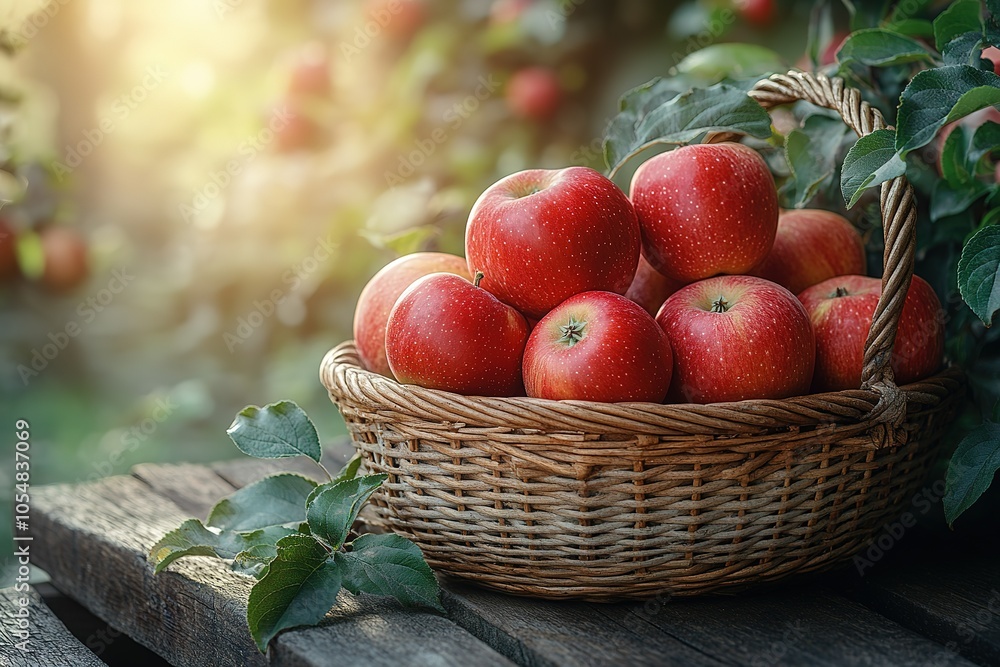 A basket full of red apples with green leaves A basket full of red apples with green leaves