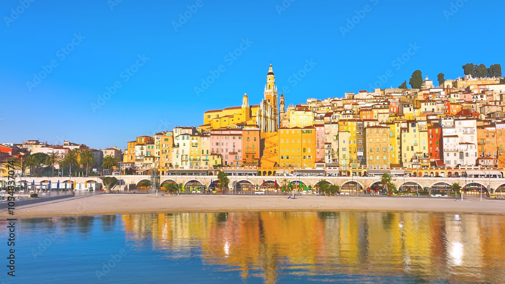 Fototapeta premium The colorful facade of the town of Menton, Mar 2024