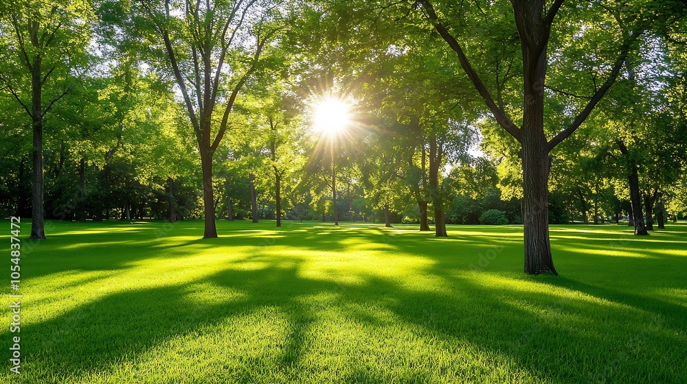 Sunlit green park with tall trees and lush grass depicting a vibrant summer day : Generative AI Sunlit green park with tall trees and lush grass depicting a vibrant summer day : Generative AI
