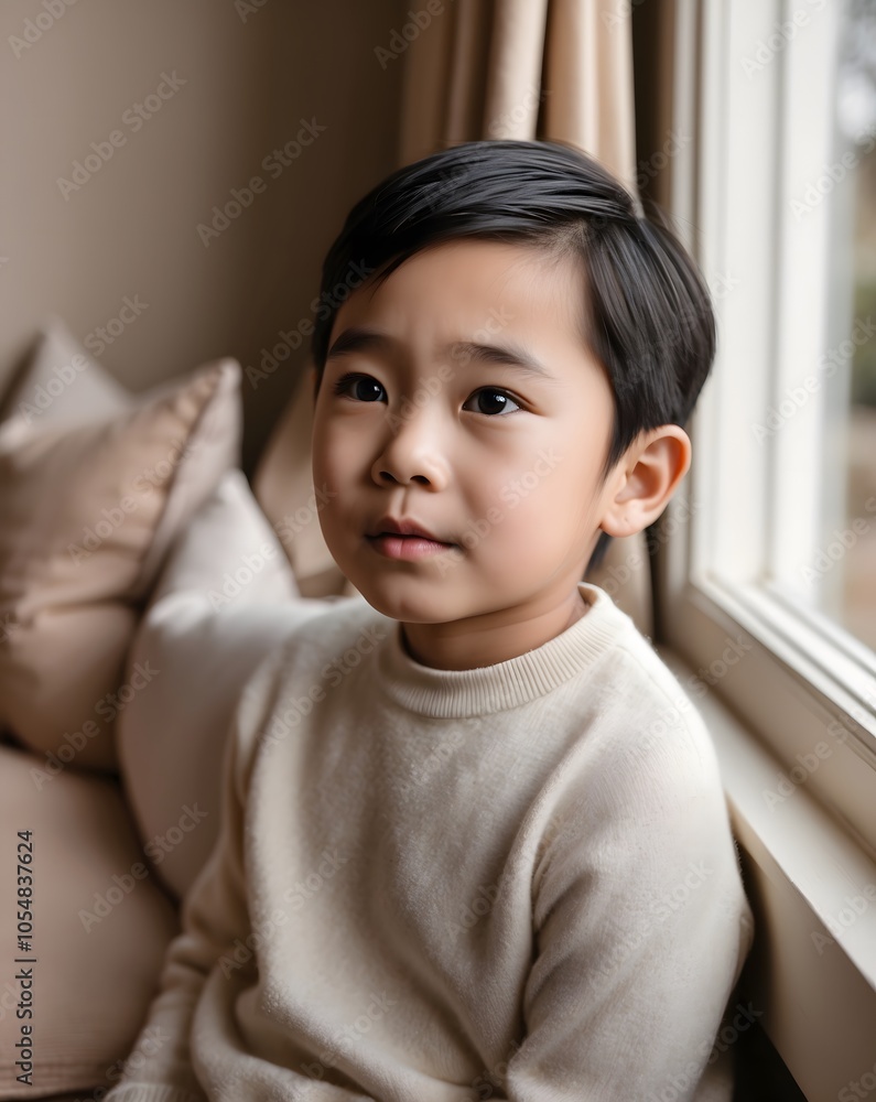Innocent Boy in Cream Sweater by the Window Innocent Boy in Cream Sweater by the Window