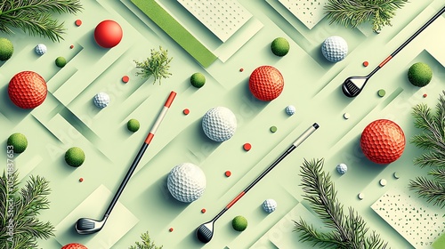 A flat lay of golf clubs, balls, and pine branches arranged in a geometric pattern. photo