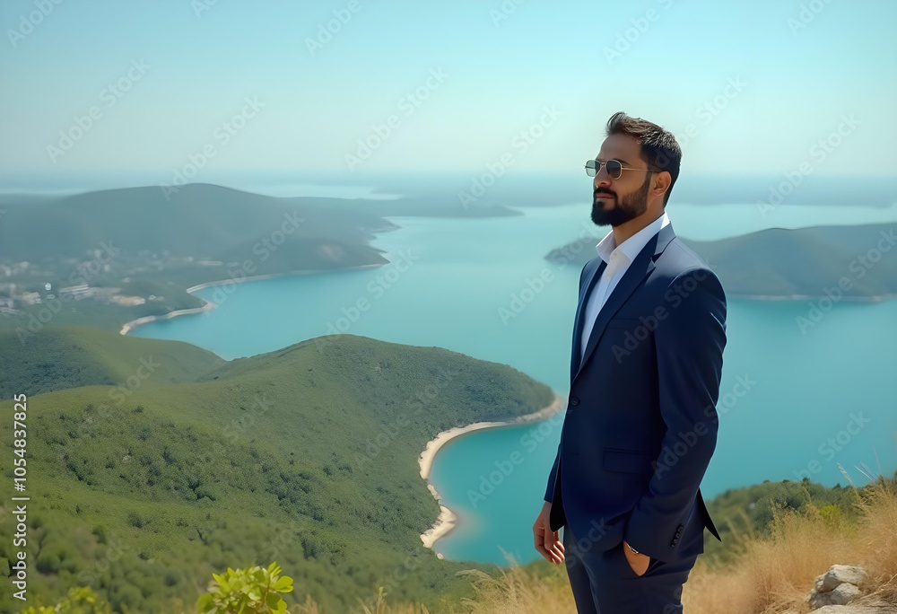 man in suit stands confidently on hilltop, overlooking stunning coastal landscape with turquoise waters and lush green hills. serene atmosphere evokes sense of tranquility and achievement man in suit stands confidently on hilltop, overlooking stunning coastal landscape with turquoise waters and lush green hills. serene atmosphere evokes sense of tranquility and achievement