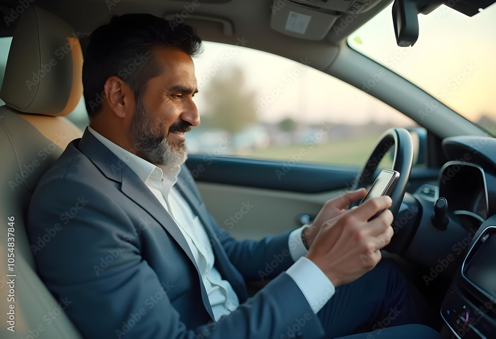 man in suit is sitting in car, smiling while using his smartphone. warm light of sunset creates relaxed atmosphere, highlighting joy of staying connected man in suit is sitting in car, smiling while using his smartphone. warm light of sunset creates relaxed atmosphere, highlighting joy of staying connected