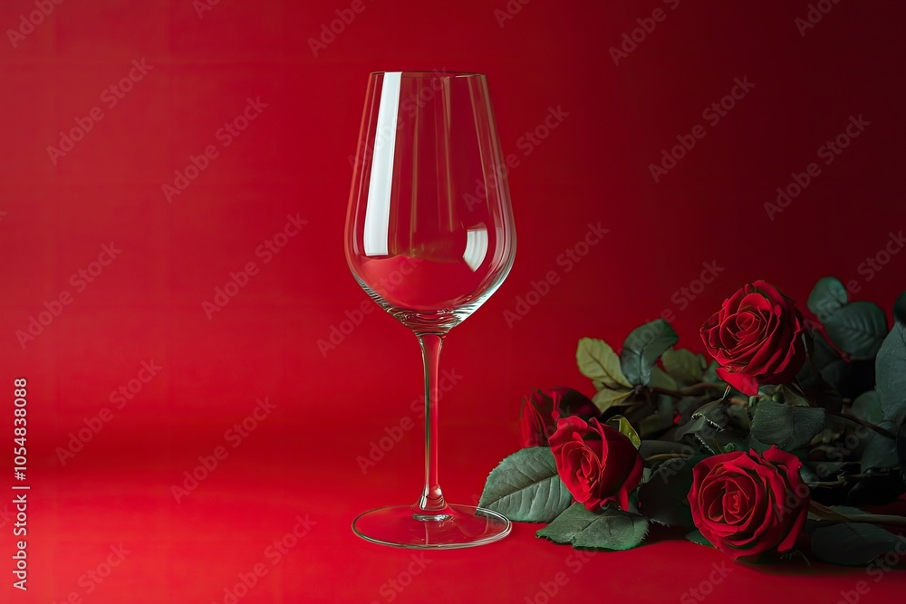 Red roses with empty red wine glass put on red background for Valentines dining concept. with generative ai Red roses with empty red wine glass put on red background for Valentines dining concept. with generative ai