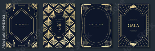 Luxury gold invitation card design vector. Abstract geometry frame and Art deco pattern background. Use for wedding invitation, cover, VIP card, gala, print, poster and wallpaper. Vector illustration.