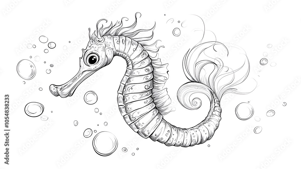 Simple line drawing of a seahorse floating in water, symbolizing tranquility and elegance Simple line drawing of a seahorse floating in water, symbolizing tranquility and elegance