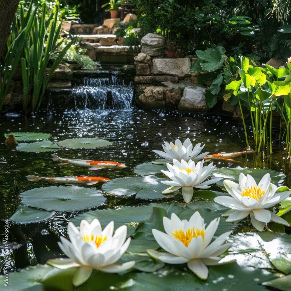 Water garden with koi pond and lilies Water garden with koi pond and lilies