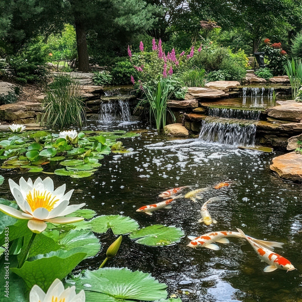 Water garden with koi pond and lilies Water garden with koi pond and lilies