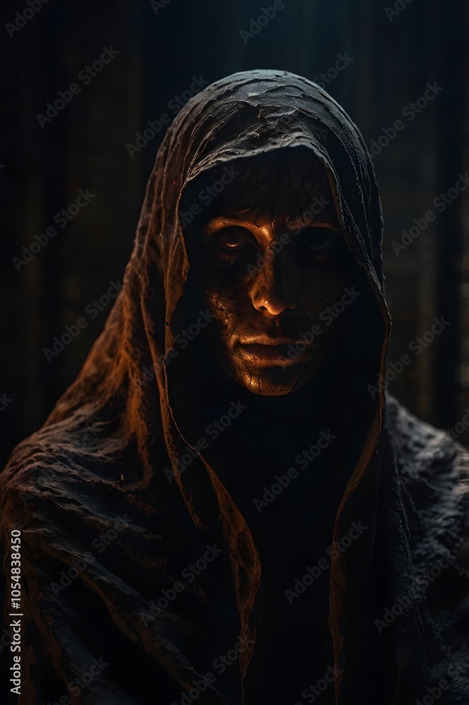 A mysterious figure in dark mysterious backdrop. A mysterious figure in dark mysterious backdrop.
