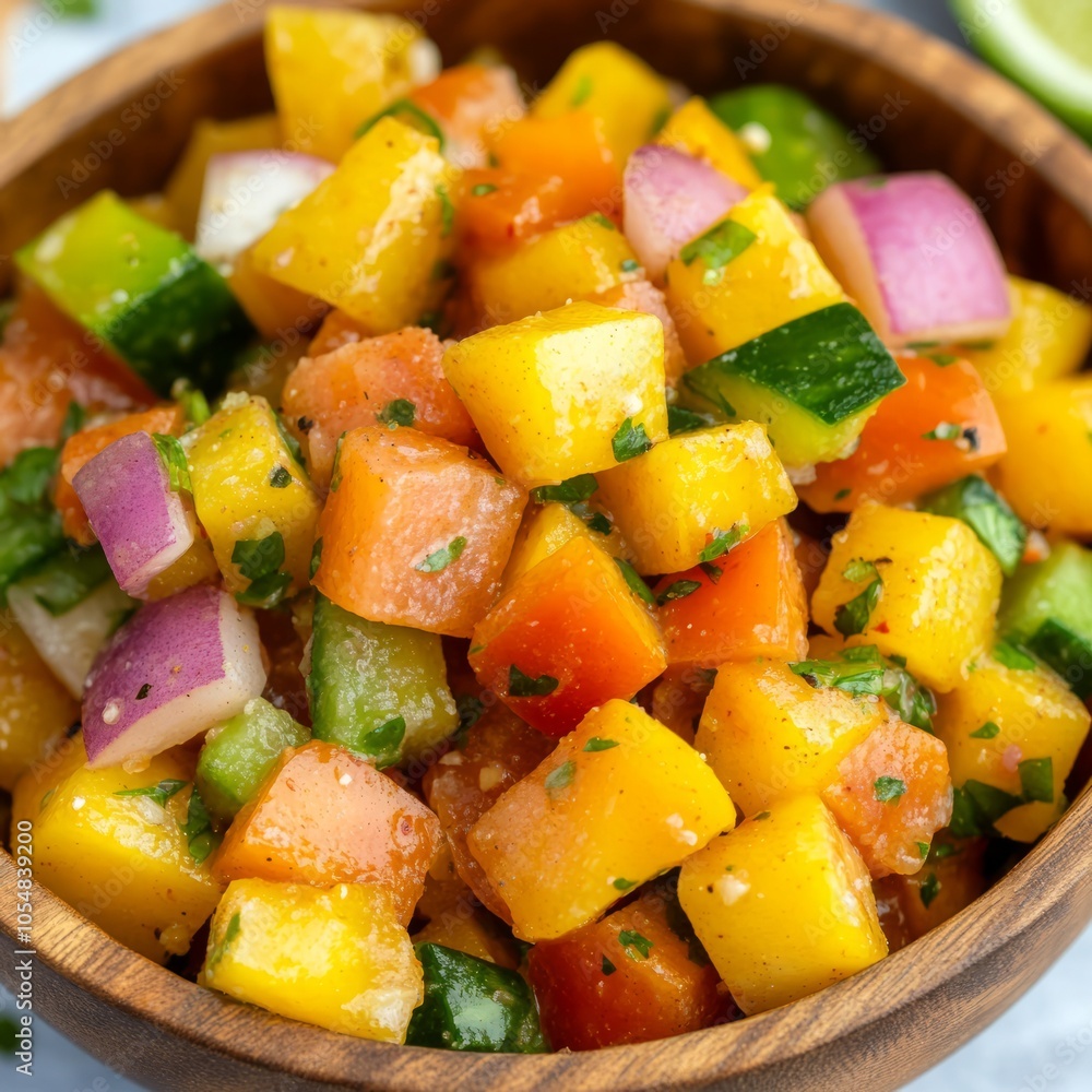 A colorful fruit and vegetable salad in a wooden bowl, fresh and vibrant. A colorful fruit and vegetable salad in a wooden bowl, fresh and vibrant.