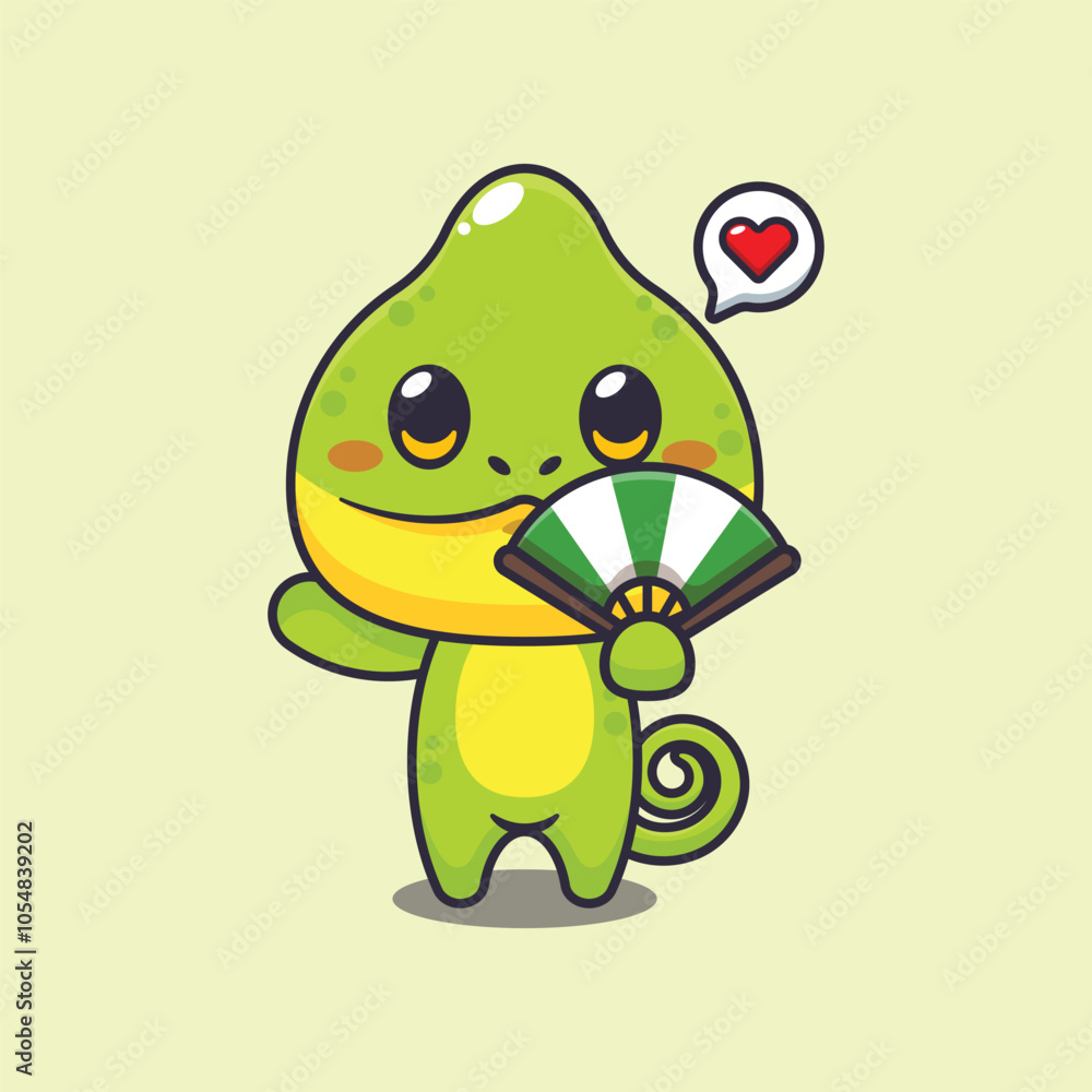 Chameleon with hand fan cartoon vector illustration. Chameleon with hand fan cartoon vector illustration.