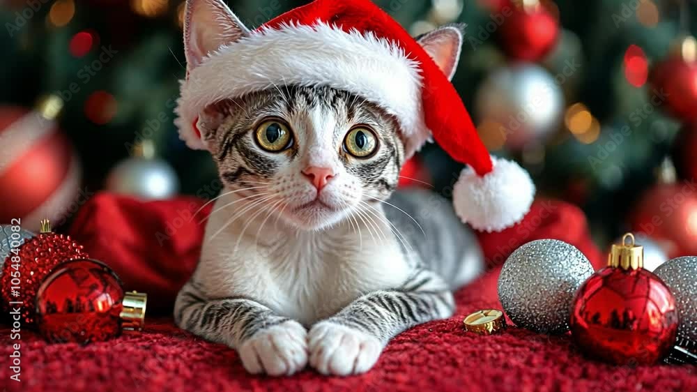 Cute cat wearing a Santa hat, surrounded by festive ornaments in a cozy holiday setting Cute cat wearing a Santa hat, surrounded by festive ornaments in a cozy holiday setting