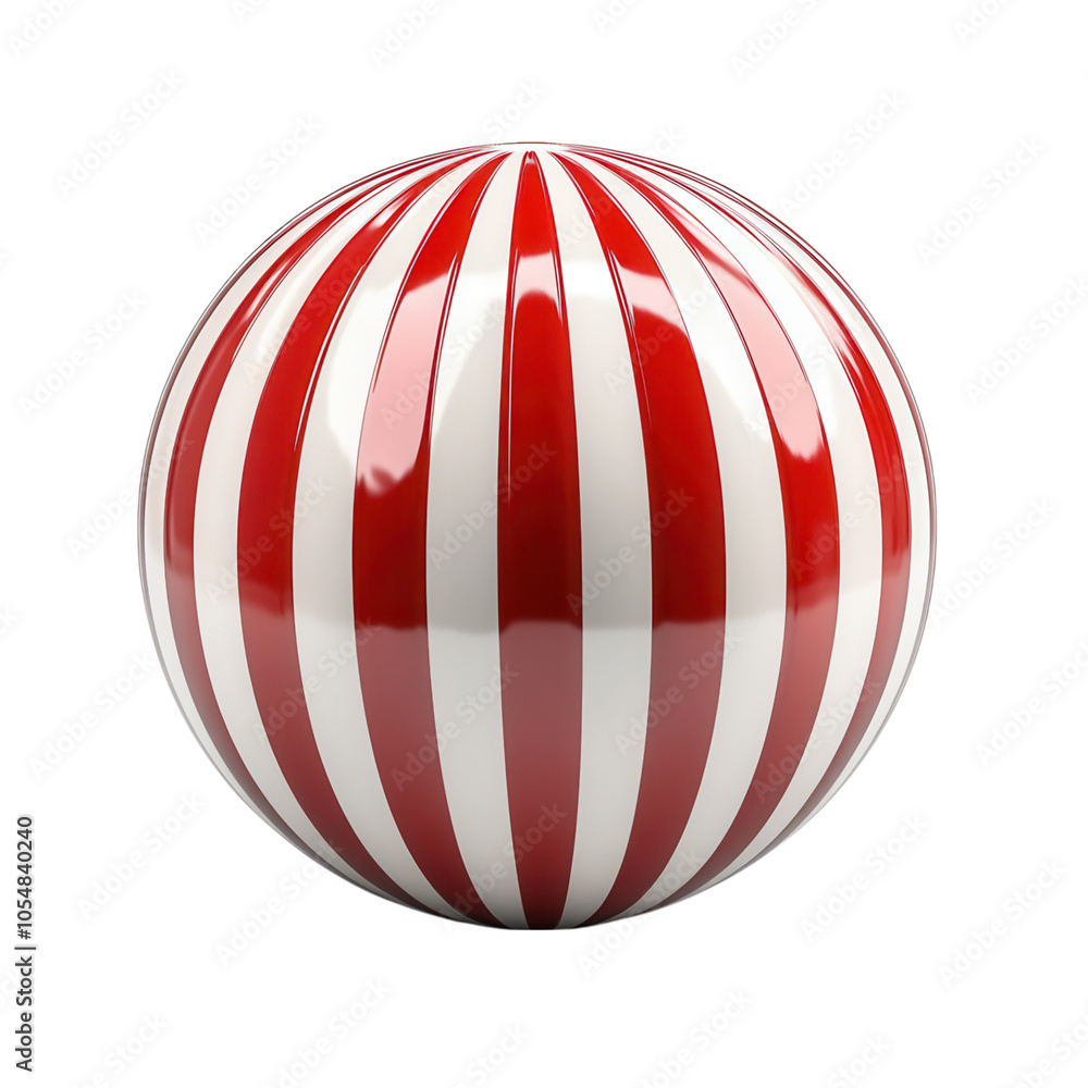 Red and white striped ball, white isolated background. on transparent cutout, PNG file