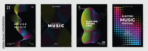 Music poster design background vector set. Electro Sound Cover template with vibrant abstract gradient geometric shape and line wave. Ideal design for social media, flyer, party, music festival, club.