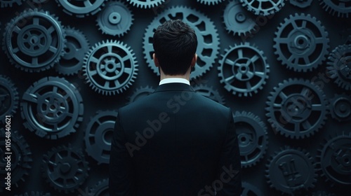 A businessman contemplating innovation against a backdrop of interlocking gears symbolizing industry and technology progression photo