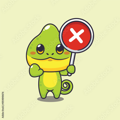 Chameleon with wrong sign cartoon vector illustration.