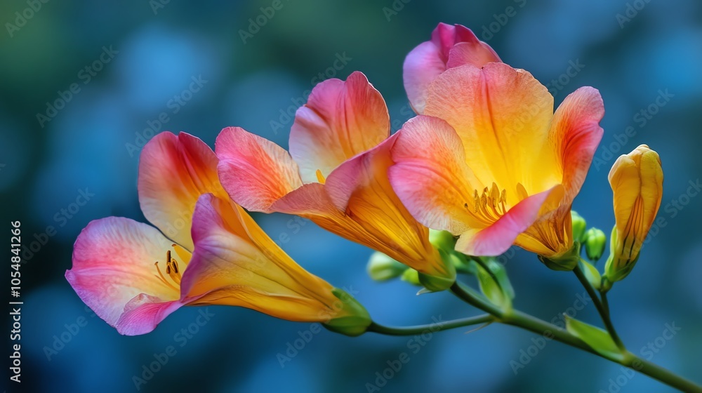 Naklejka premium Vibrant freesia flowers showcase hues of orange, pink, and yellow against a blurred blue background, perfect for floral-themed designs.