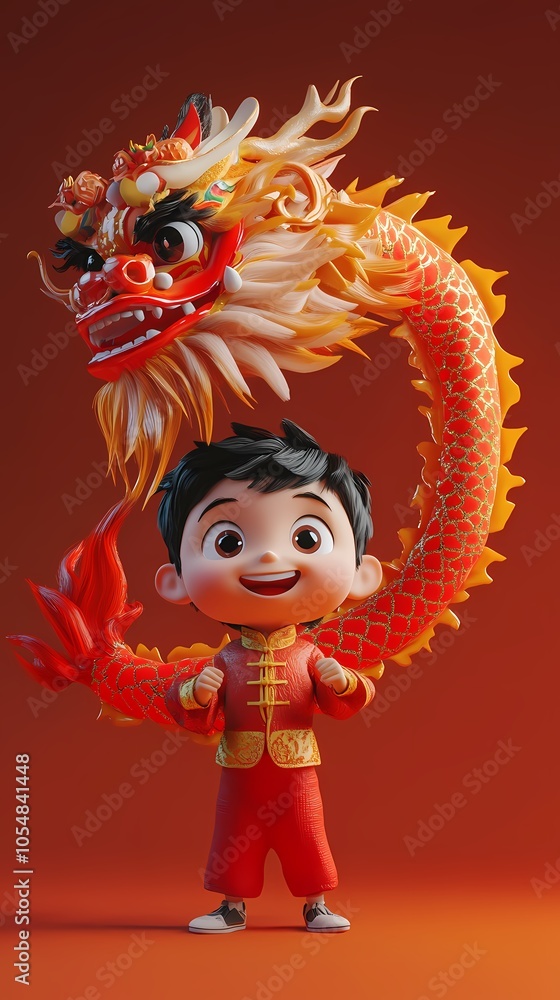 Fototapeta premium Traditional Chinese cartoon 3D boy and dragon dance illustration poster background
